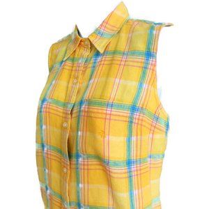 Lauren Ralph Lauren Linen Top Sleeveless Yellow Rainbow Plaid Embroidery Logo M